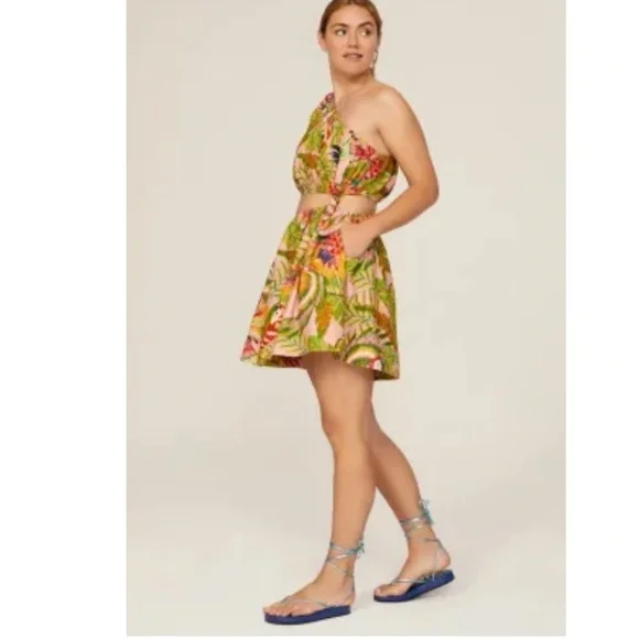 New! Farm rio medium mackaw leaves one shoulder mini dress with pockets.